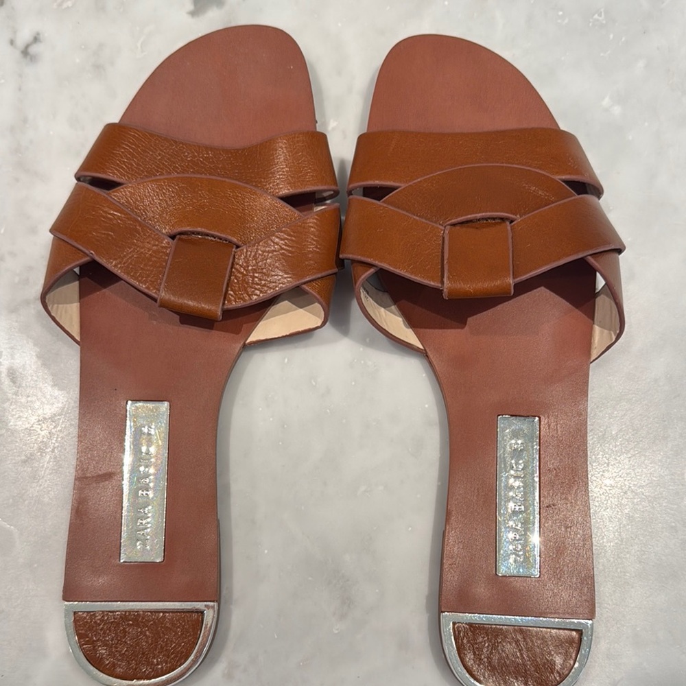 Zara Brown Leather Sandals Minimalist Slip-On Design